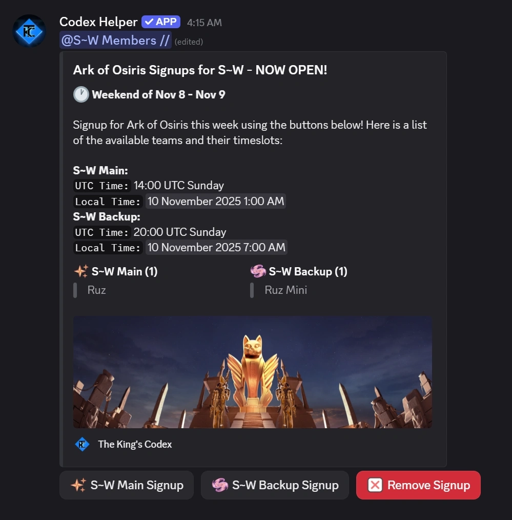 Ark of Osiris Signups